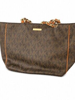 Michael Kors Jet Set Chain Tote Brown MK Signature PVC Shoulder Handbag Gold
